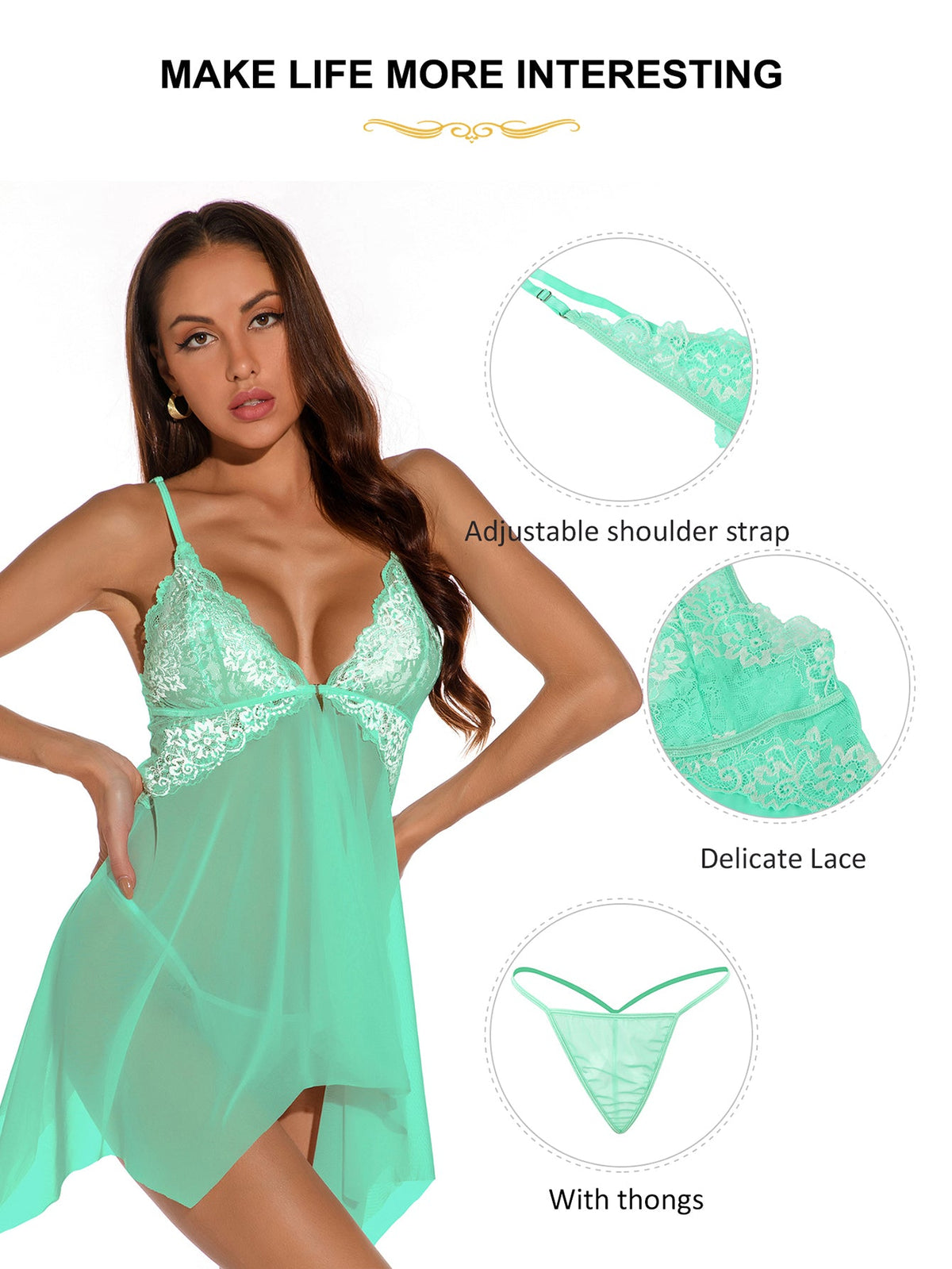 Ladies Sexy  Pea Mesh Babydoll with Flyaway Lace Cup