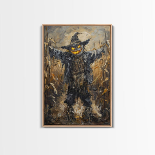 Sinister Scarecrow in Cornfield Framed Canvas Print | Halloween Horror Art | Spooky Farm Art | Creepy Scarecrow Art for Home Decoration