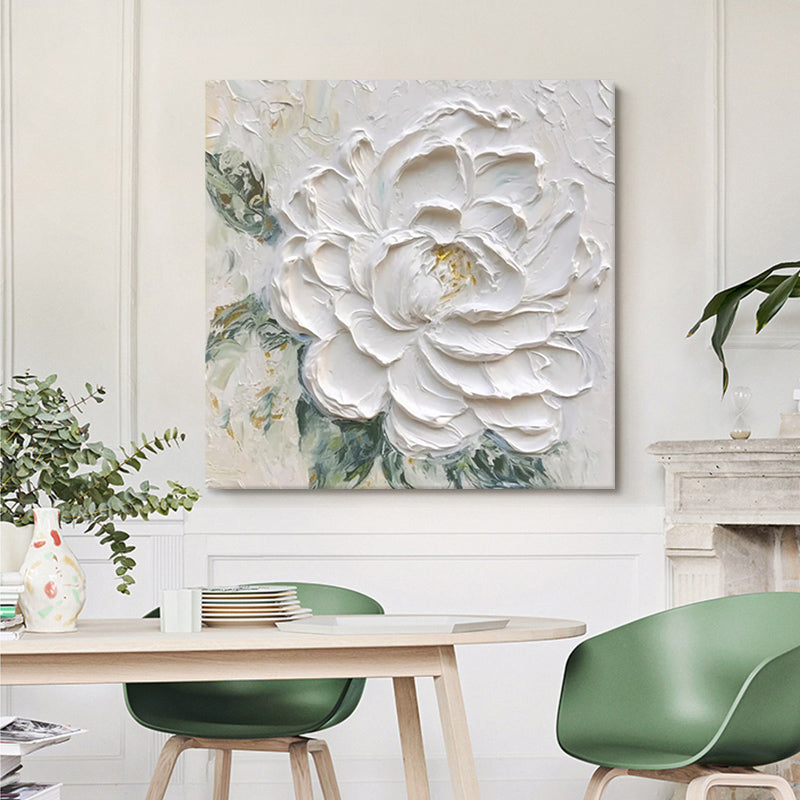 Cream Wind White Peony Flower Thick Texture Hand Drawn Oil Painting Hanging Painting