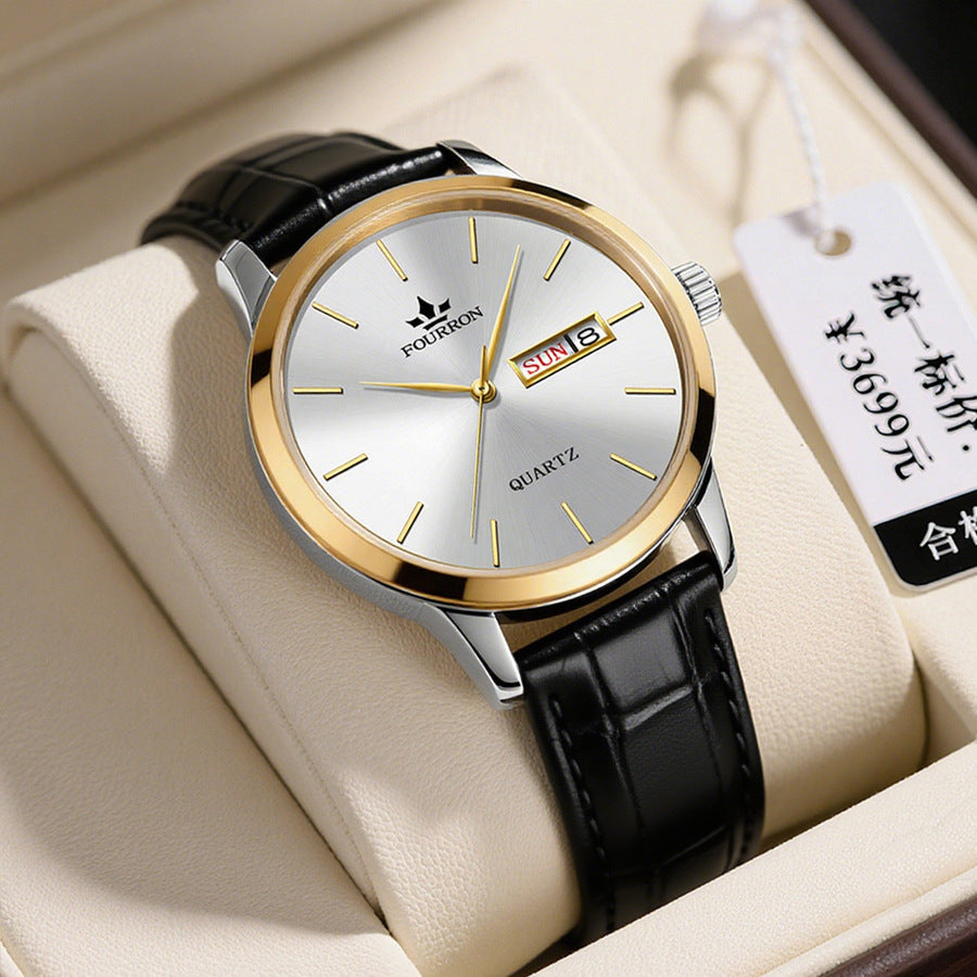 Men's Minimalist Watch With A Dual-calendar Leather Strap