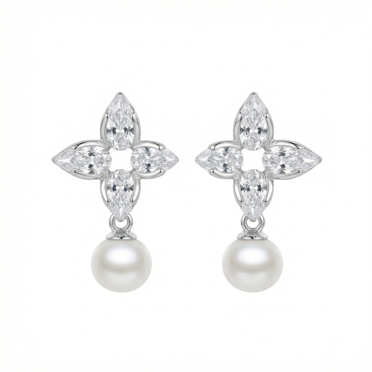 925 Sterling Silver Elegant Floral Marquise Cluster Pearl Drop Earrings