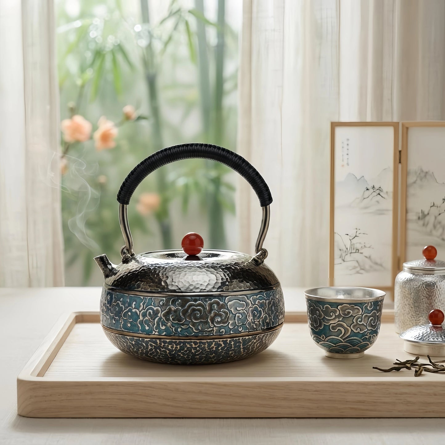 925 Sterling Silver Handcrafted Hammered  Teapot with Blue Cloud Motif-Fine large teapot - Handicraft