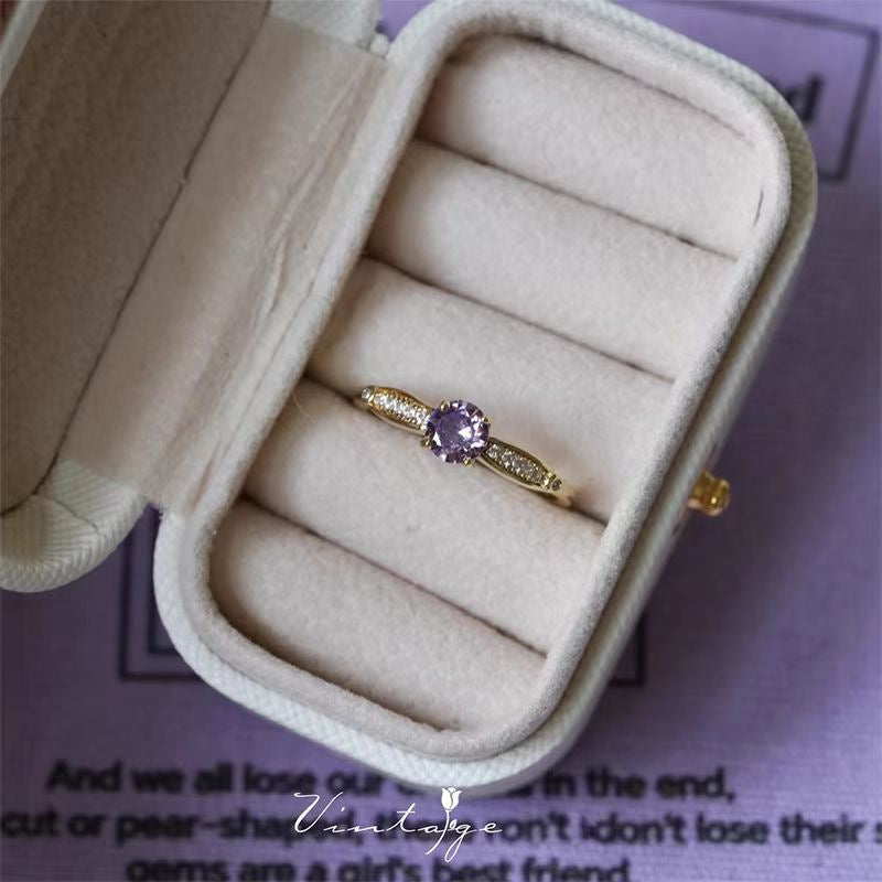 French Vintage Olive Purple Zircon Open Ring, Elegant Light Luxury Niche High-End Jewelry For Women