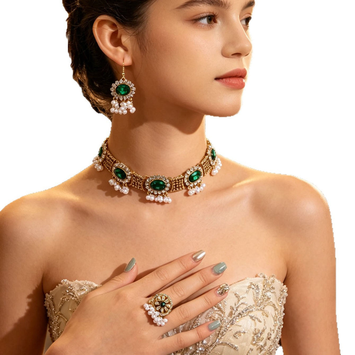 Bohemian Gemstone Indian Style Pearl Tassel Necklace, Earrings, And Ring 3-Piece Set, Palace-Style Evening Jewelry