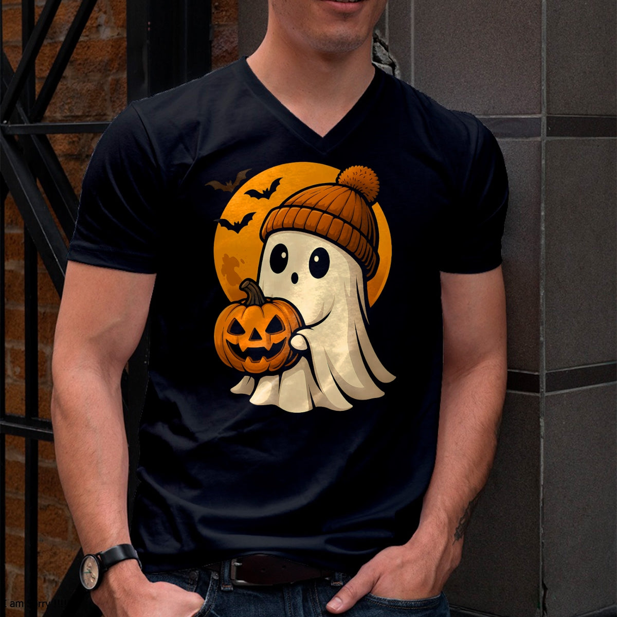 Cute Ghost with Pumpkin for Halloween Costume Party Spooky T-Shirt - Halloween Unisex T-Shirt/Hoodie - NGHL00