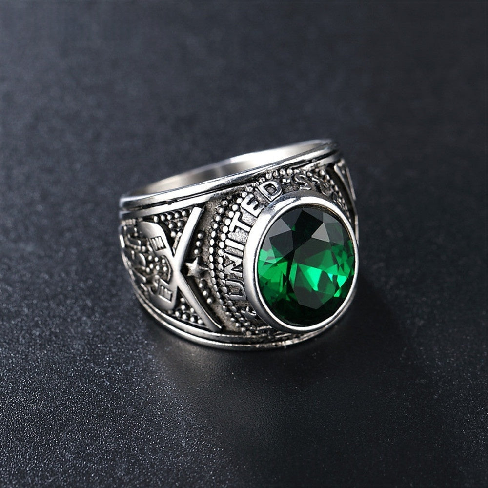 Personalized Punk Gemstone Mens Titanium Steel Military Navy Ring