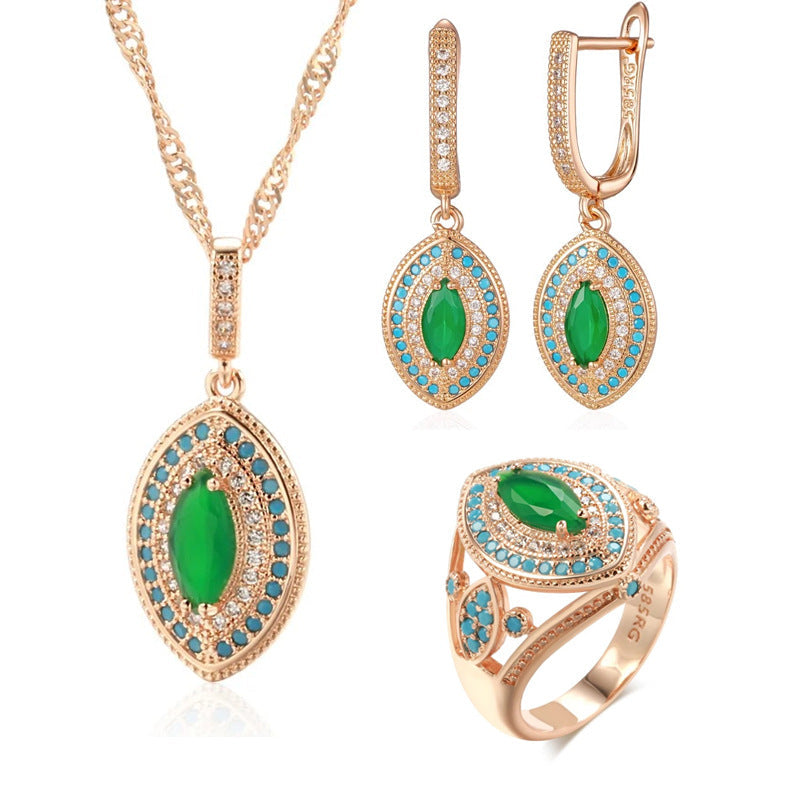 Emerald-Zircon Vintage Earrings And Ring Jewelry Set