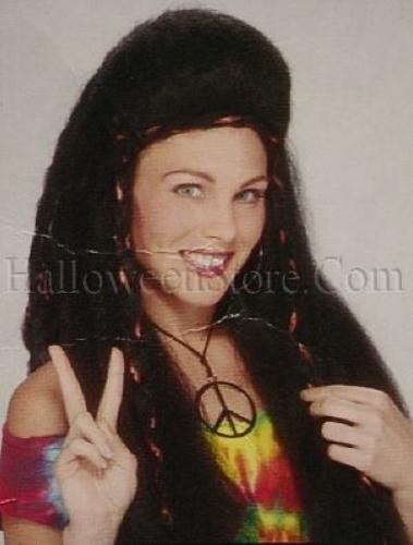 Dark Burgundy Frizzy Hippie Chick Wig with Red Ribbon