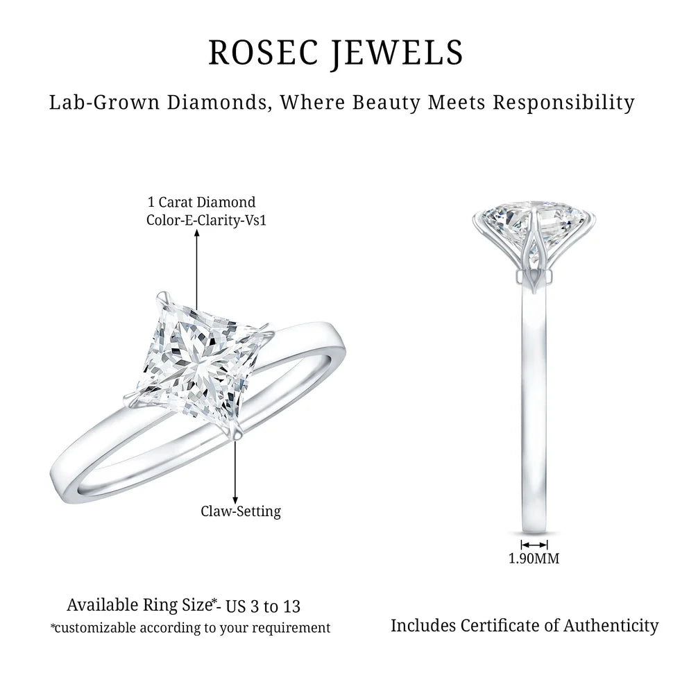 IGI Certified Lab Grown 3 Carat Diamond Princess Cut Engagement Ring Solitaire