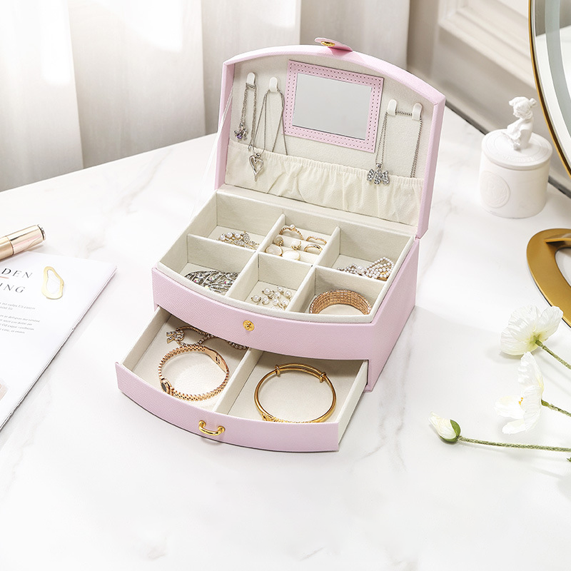 Double-layer portable makeup jewelry box with mirror