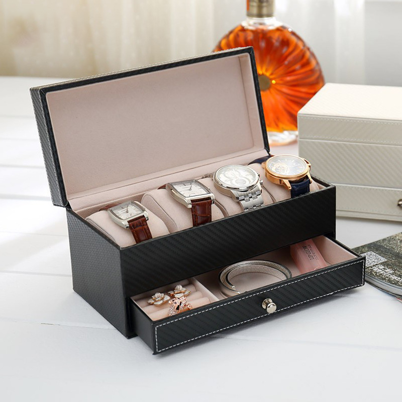 Men's drawer-style 4-seat leather watch display box