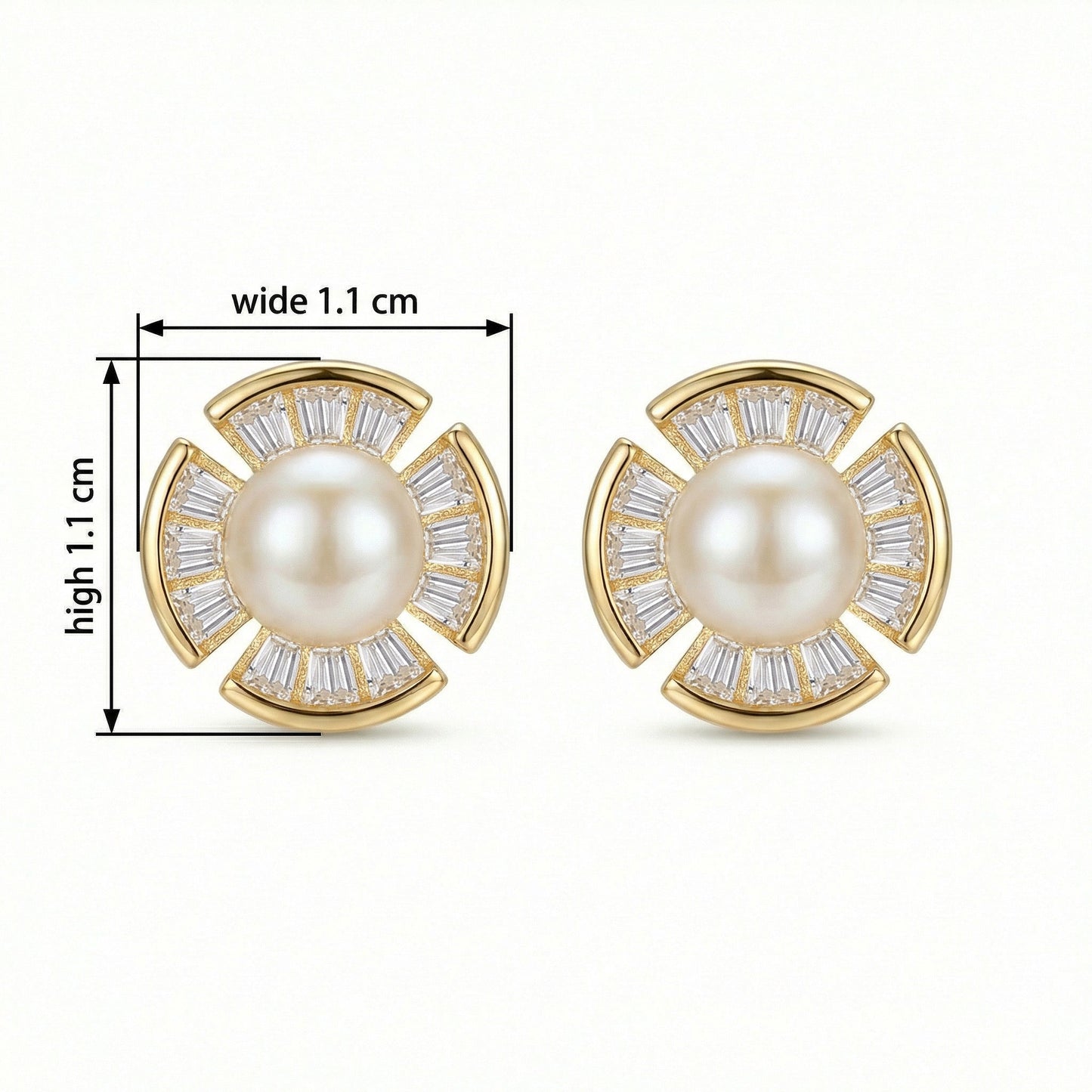 925 Sterling Silver Radiant Pearl and Baguette-Cut Fan-Shaped Stud Earrings