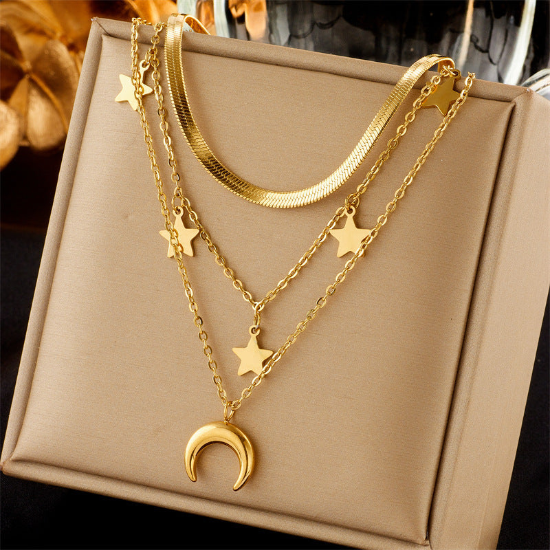 European And American Retro Butterfly Pearl Double-Layered Necklace For Women, Cross-Border Light Luxury Niche Stainless Steel Gold-Plated Jewelry Necklace