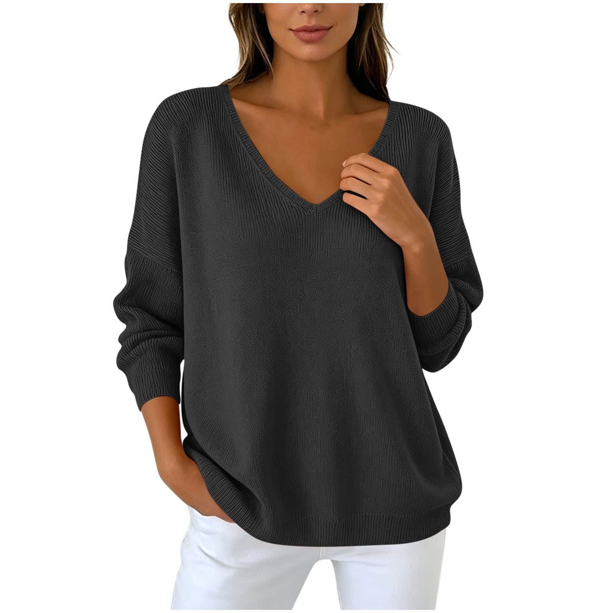 Autumn Winter Women's V-neck Long Sleeved Knitted Sweater Large Loose Shoulder Solid Color Top For Women