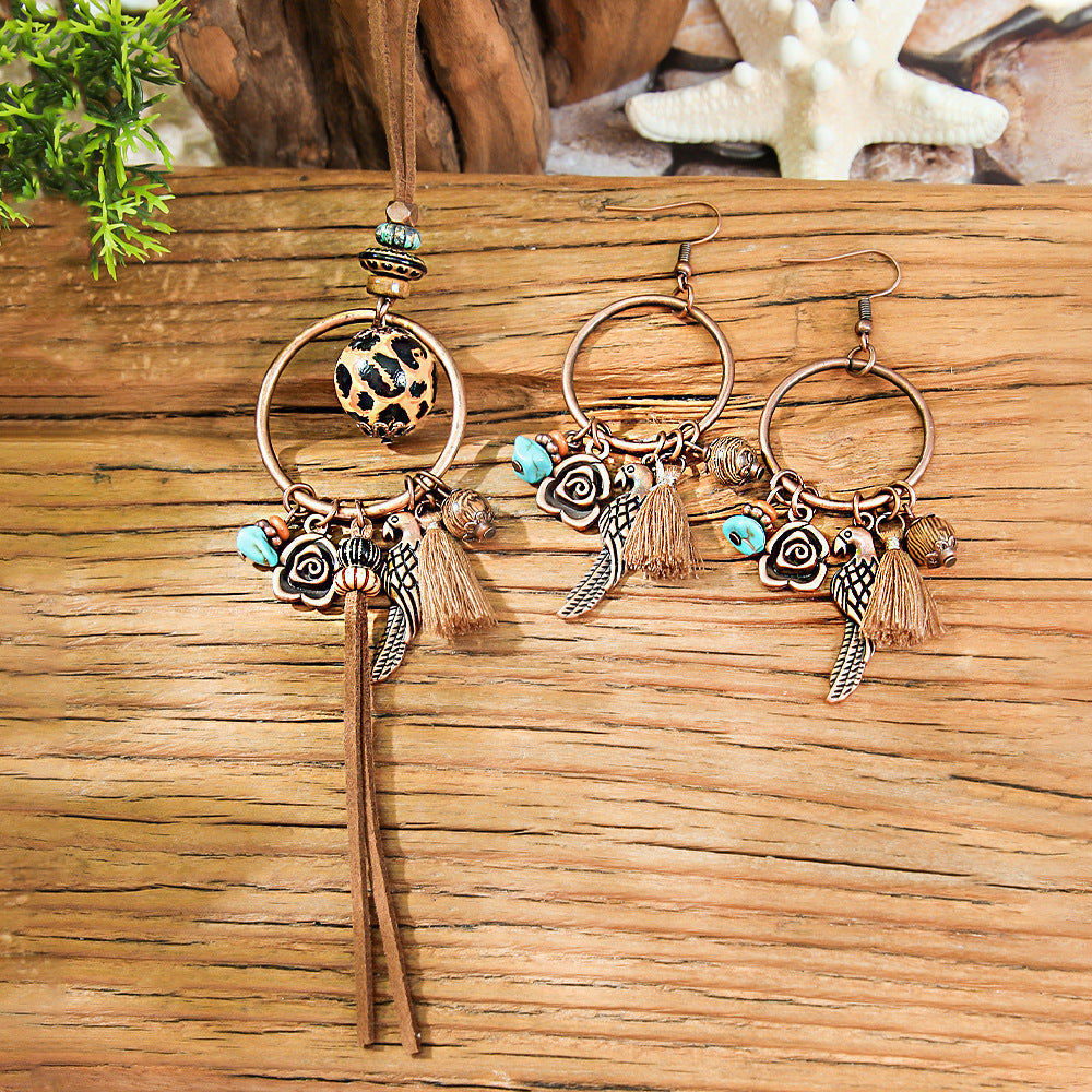 Bohemian Retro Leopard Print Personalized Jewelry Sweater Chain Design Bird Earrings Ring Bracelet Wholesale Yiwu