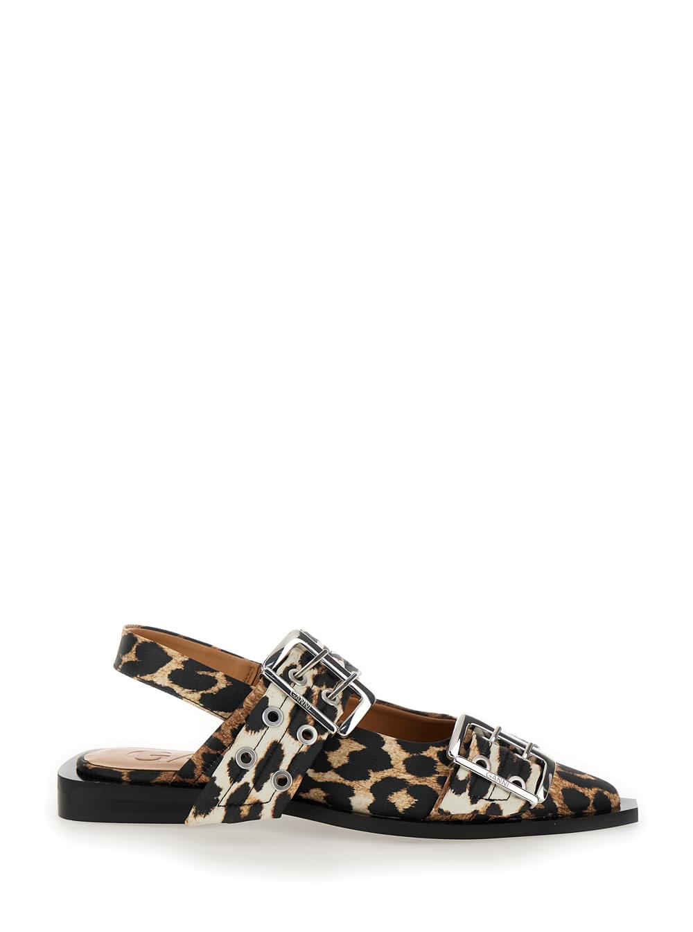 Ganni Women Ganni Women Multicolor Ballet Shoes With Double Buckle And All-Over Leopard Print In Tech Fabric Woman