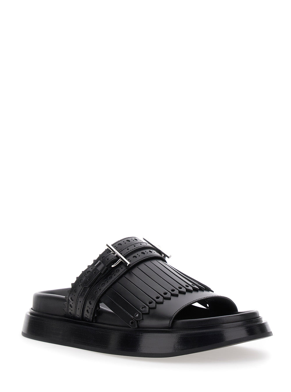 Alexander Mcqueen Women Alexander Mcqueen Women Black Sandals With Brogue T-Buckle Decorative Strap In Leather Woman
