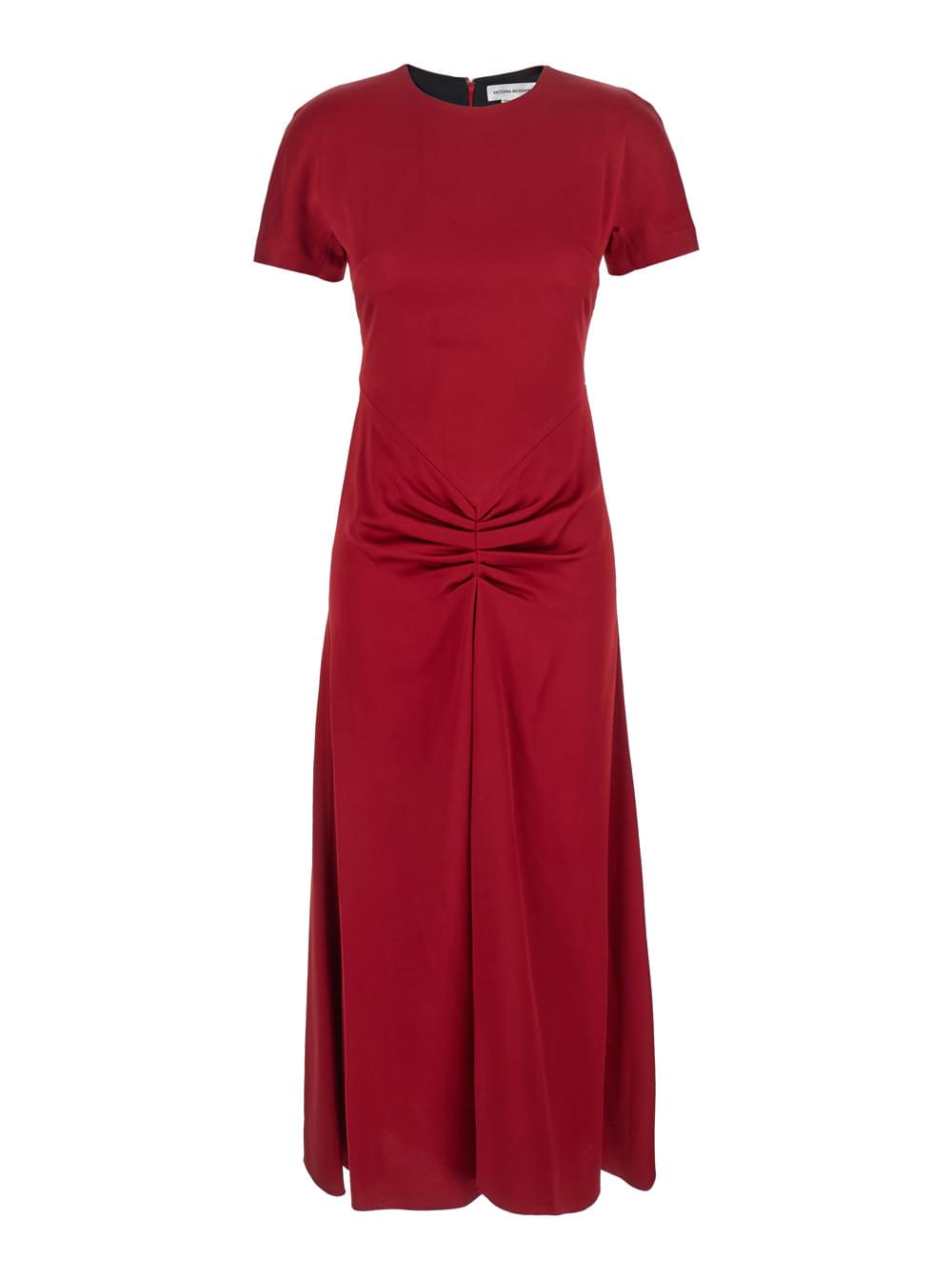 Victoria Beckham Women Victoria Beckham Women Red Crewneck Midi Dress With Gathered Waist And Rear Zip Closure In Viscose Blend Woman