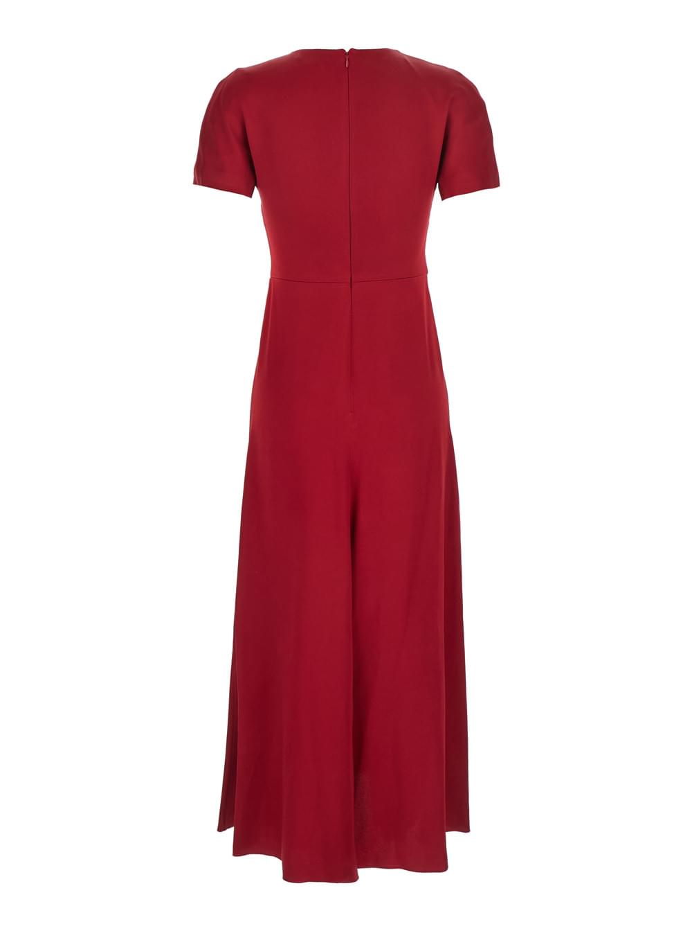 Victoria Beckham Women Victoria Beckham Women Red Crewneck Midi Dress With Gathered Waist And Rear Zip Closure In Viscose Blend Woman
