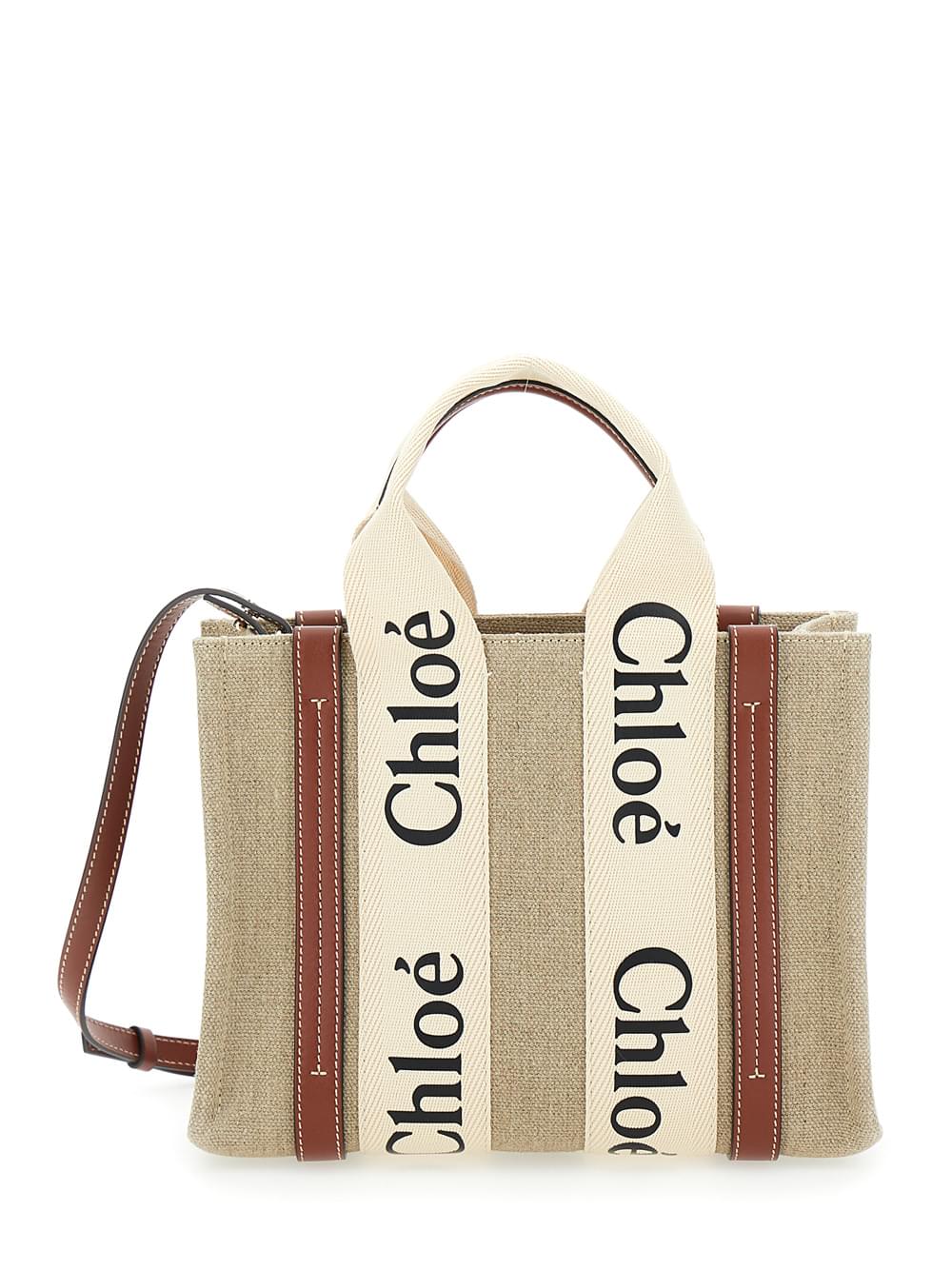 Chloe Women Chloé Women Tote Bag 'Woody' With Logoed Straps In Canvas And Leather Beige Woman