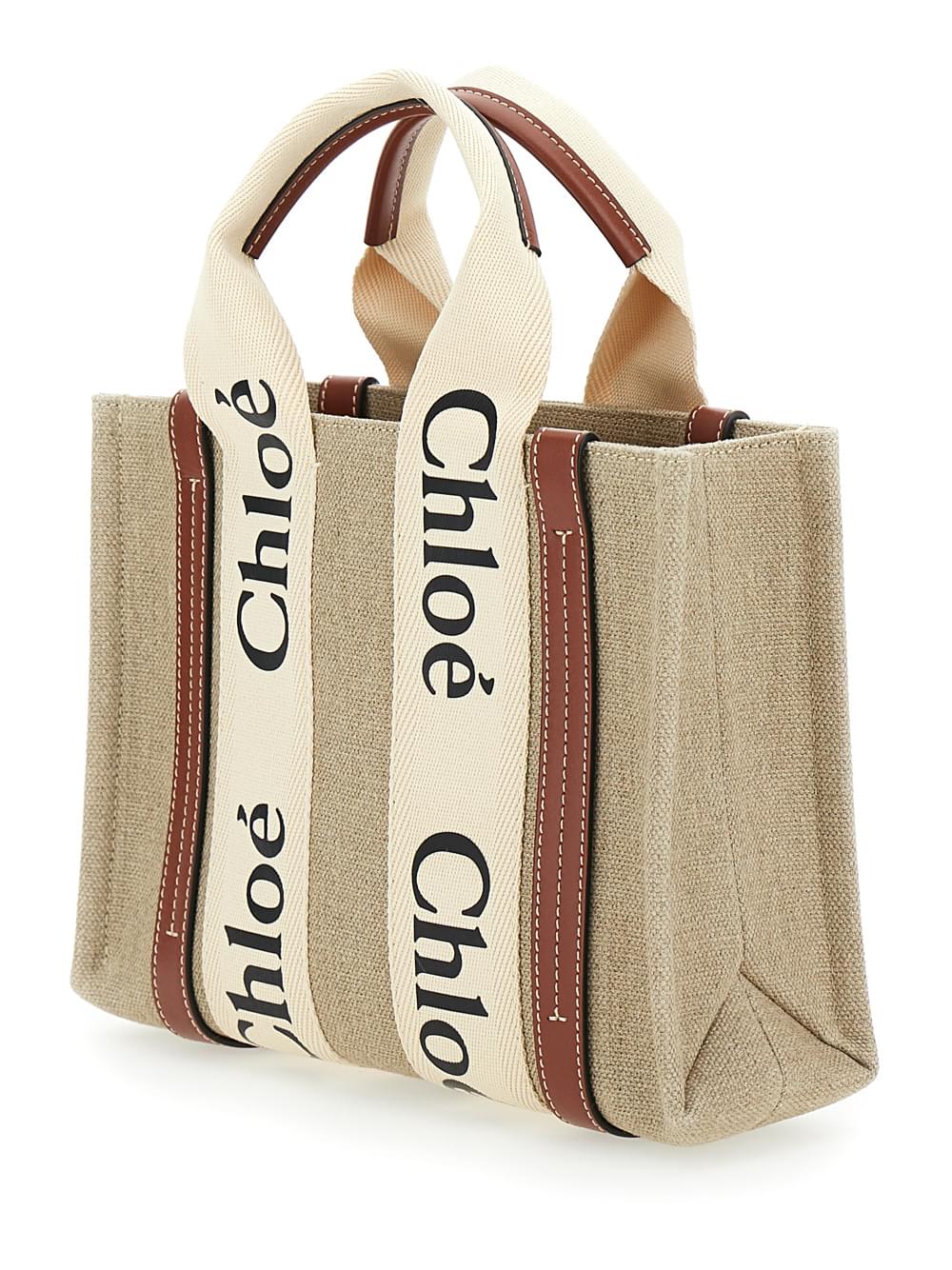 Chloe Women Chloé Women Tote Bag 'Woody' With Logoed Straps In Canvas And Leather Beige Woman
