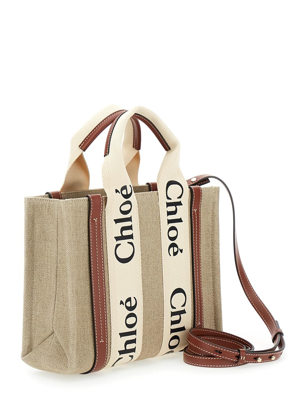 Chloe Women Chloé Women Tote Bag 'Woody' With Logoed Straps In Canvas And Leather Beige Woman