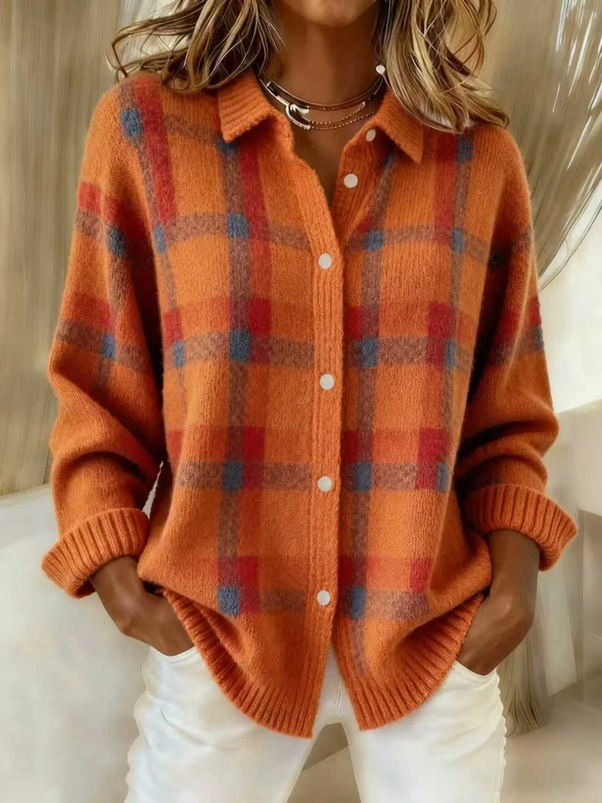 European And American Cross-Border Amazon Independent Station Women's Casual Loose Autumn And Winter Plaid Long-Sleeved Lapel Shirt Sweater Cardigan