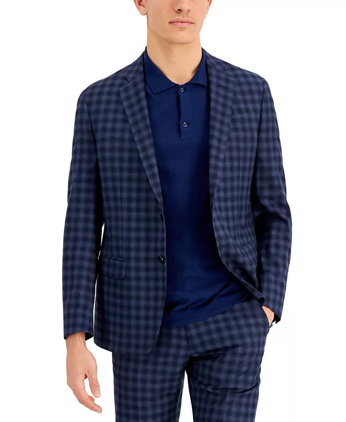 Ax Armani Exchange Mens Slim-Fit Navy Buffalo Plaid Wool Suit Jacket, 40S