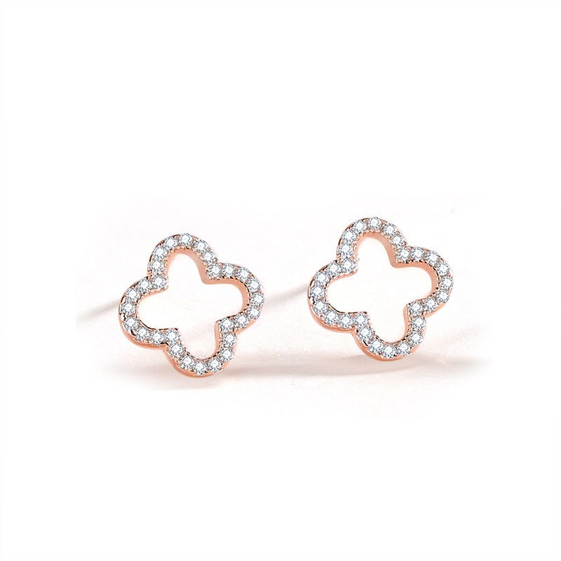 S925 sterling silver forest-style four-leaf clover diamond earrings