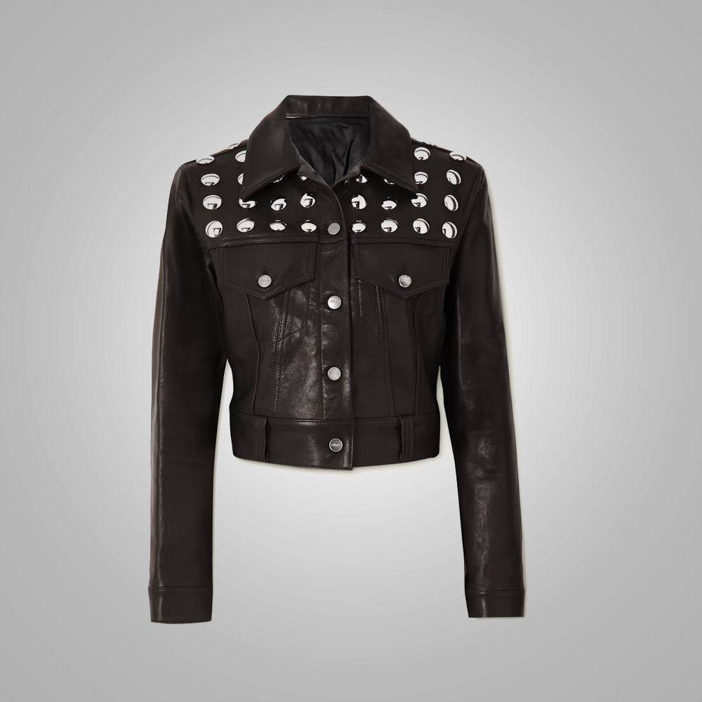 Women's Black Shearling Studded Textured Cropped Leather Jacket