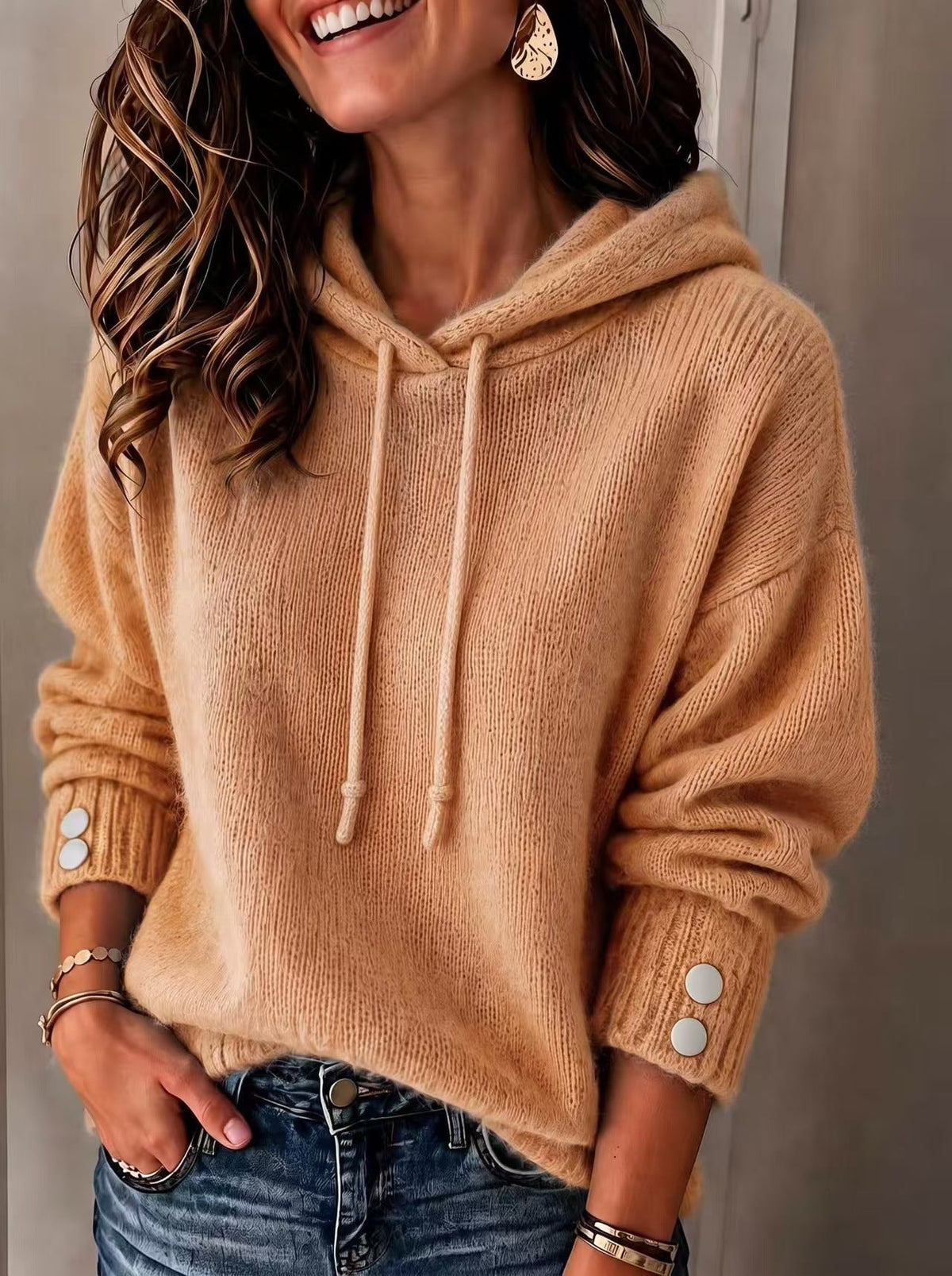 Women's Hooded Drawstring Sweatshirt Loose-fit Sweater