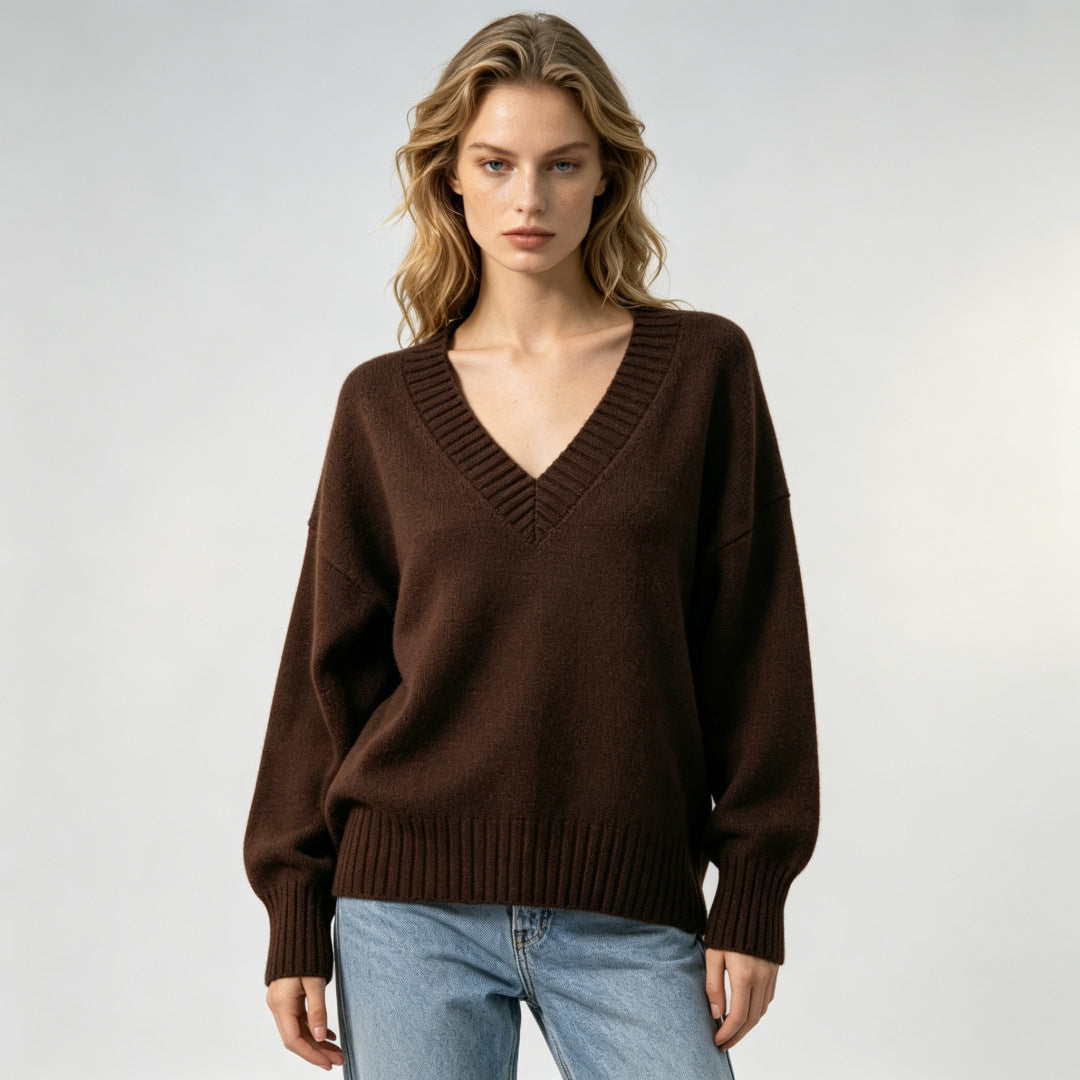 Women's Loose-fit V-neck Casual All-match Knit Sweater