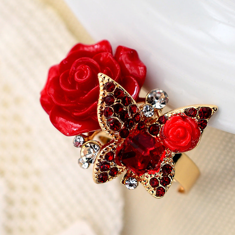 Cross-border Jewelry European And American Retro Butterfly Ring Women's Opening Full Diamond Crystal Rose Flower Ring Bohemian Style