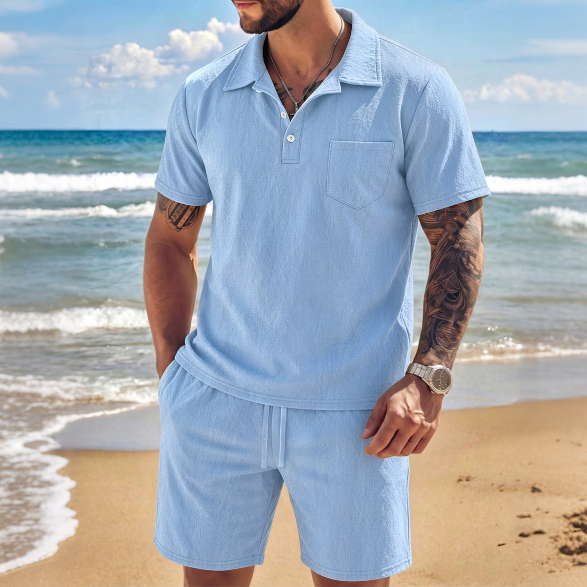 New Mens Summer Linen Two-piece Set