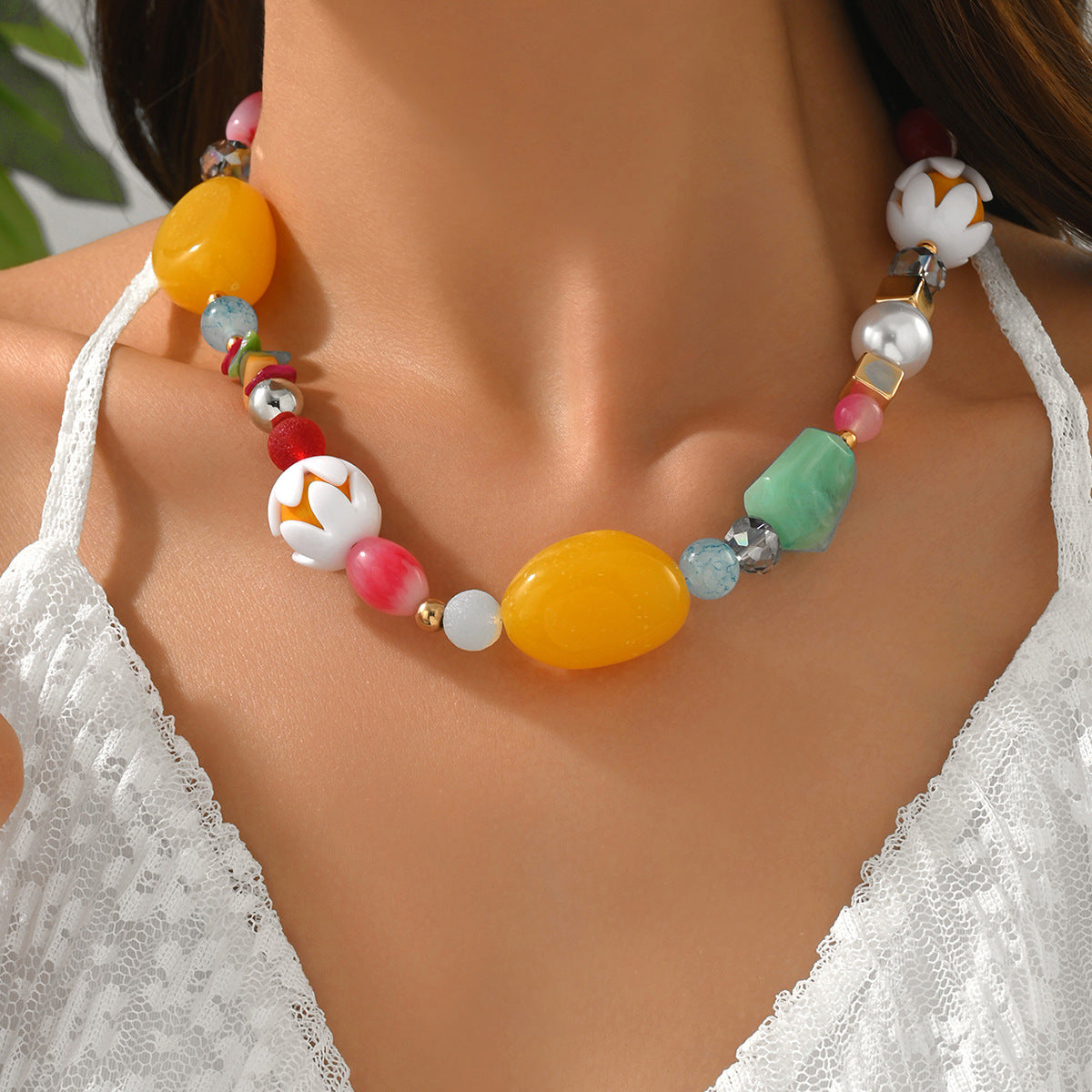 Colorful Resin Bead Necklace and Bracelet Set Collection