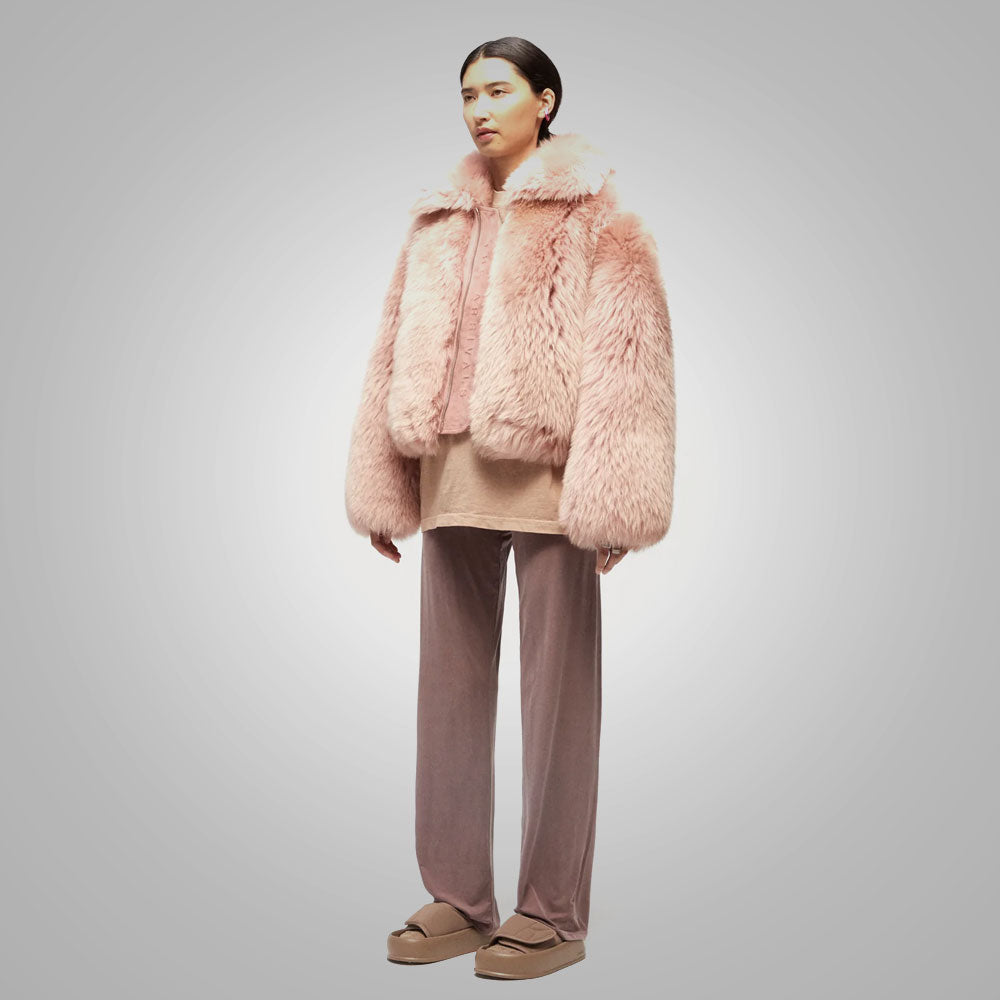 Women’s Pink Shearling Short Fox Fur Leather Jacket