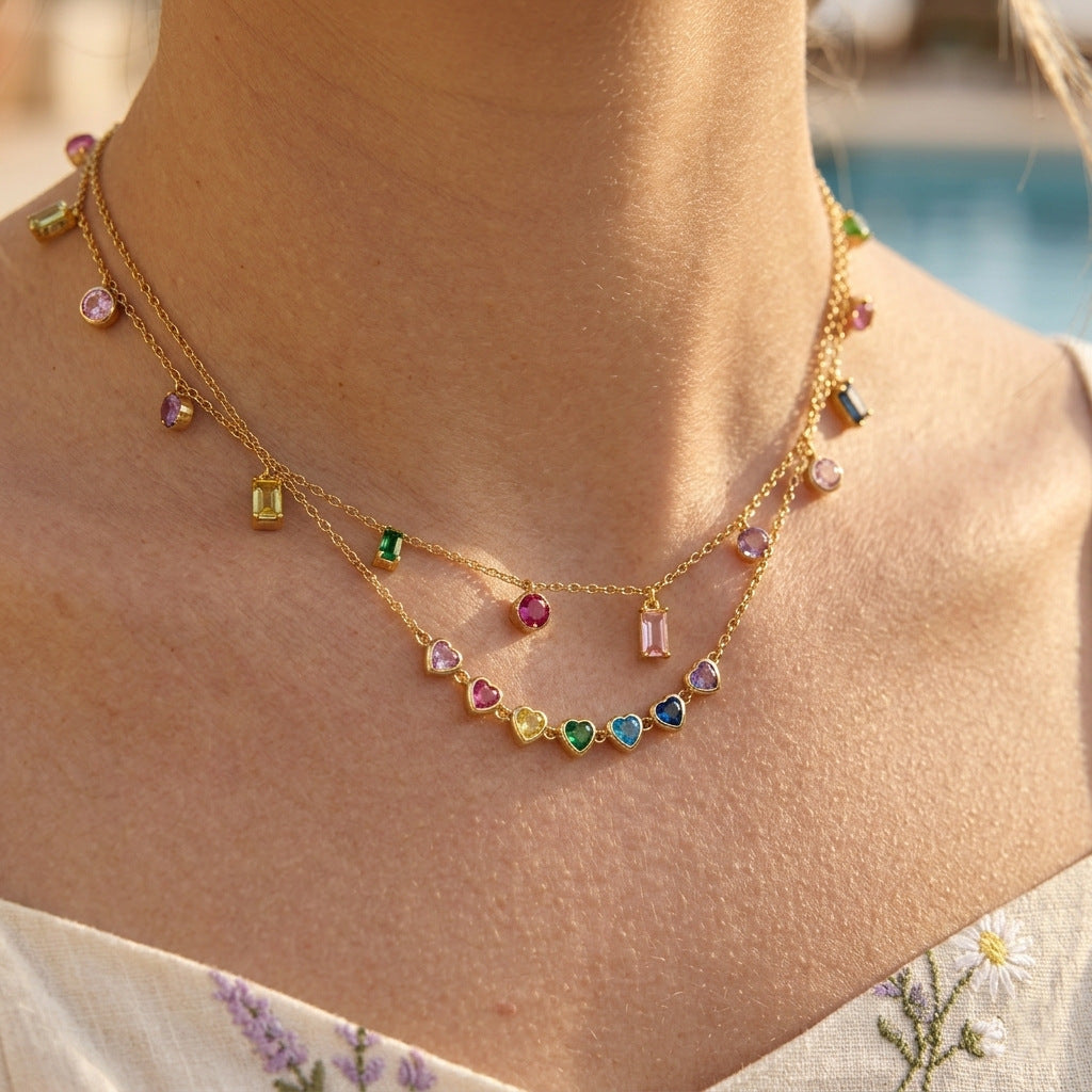Spring Summer Vacation Jewelry Titanium Steel Colorful Zircon Necklace Light Luxury