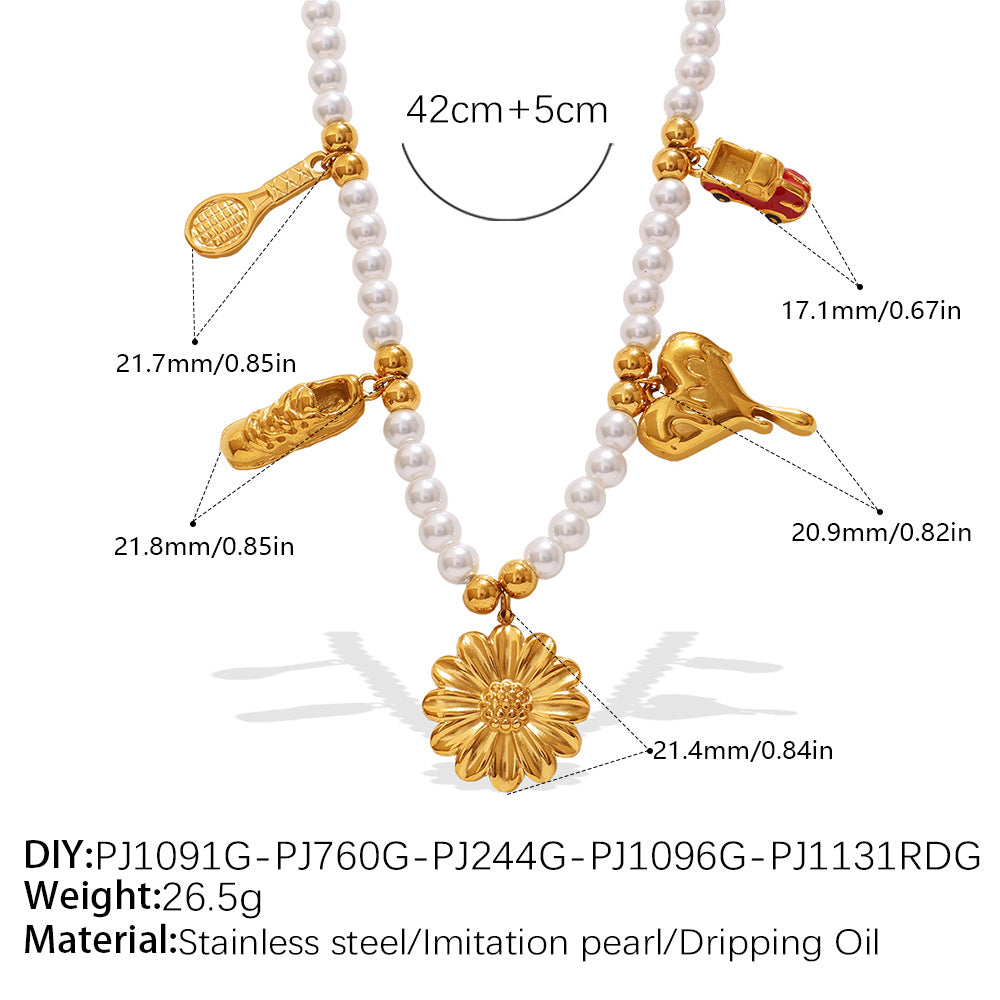 Luxury-lite Versatile DIY Pendant Bracelet Necklace With White Beads. Made Of Stainless Steel. Suitable For Reducing Age And Creating A Sweet Girl Style. Set.