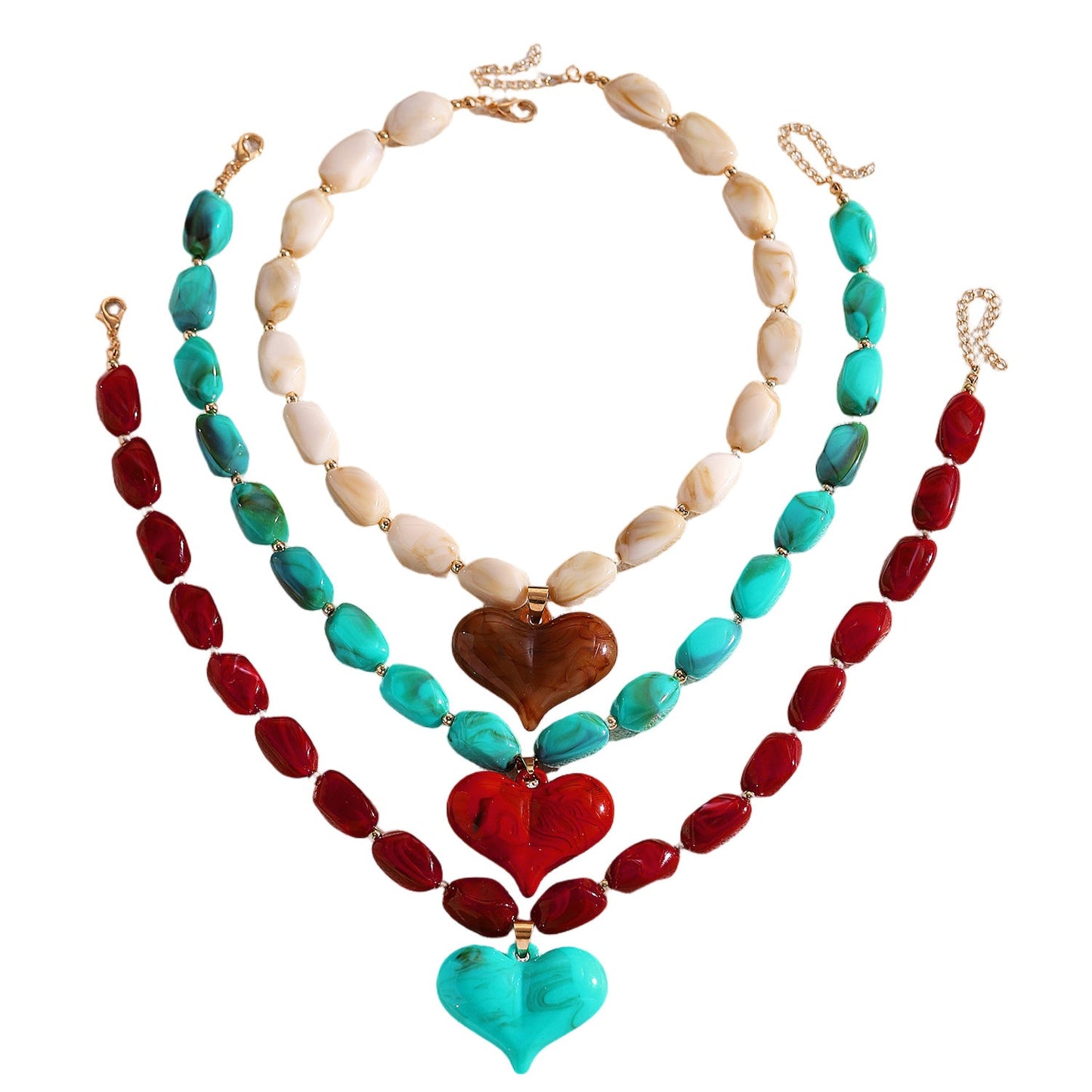 European And American-style Beaded Resin Heart Necklace Vintage