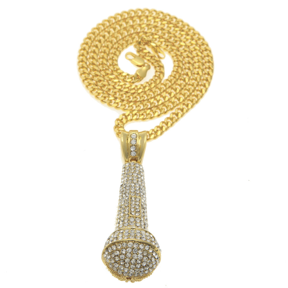 Hip-hop diamond-encrusted microphone necklaces.