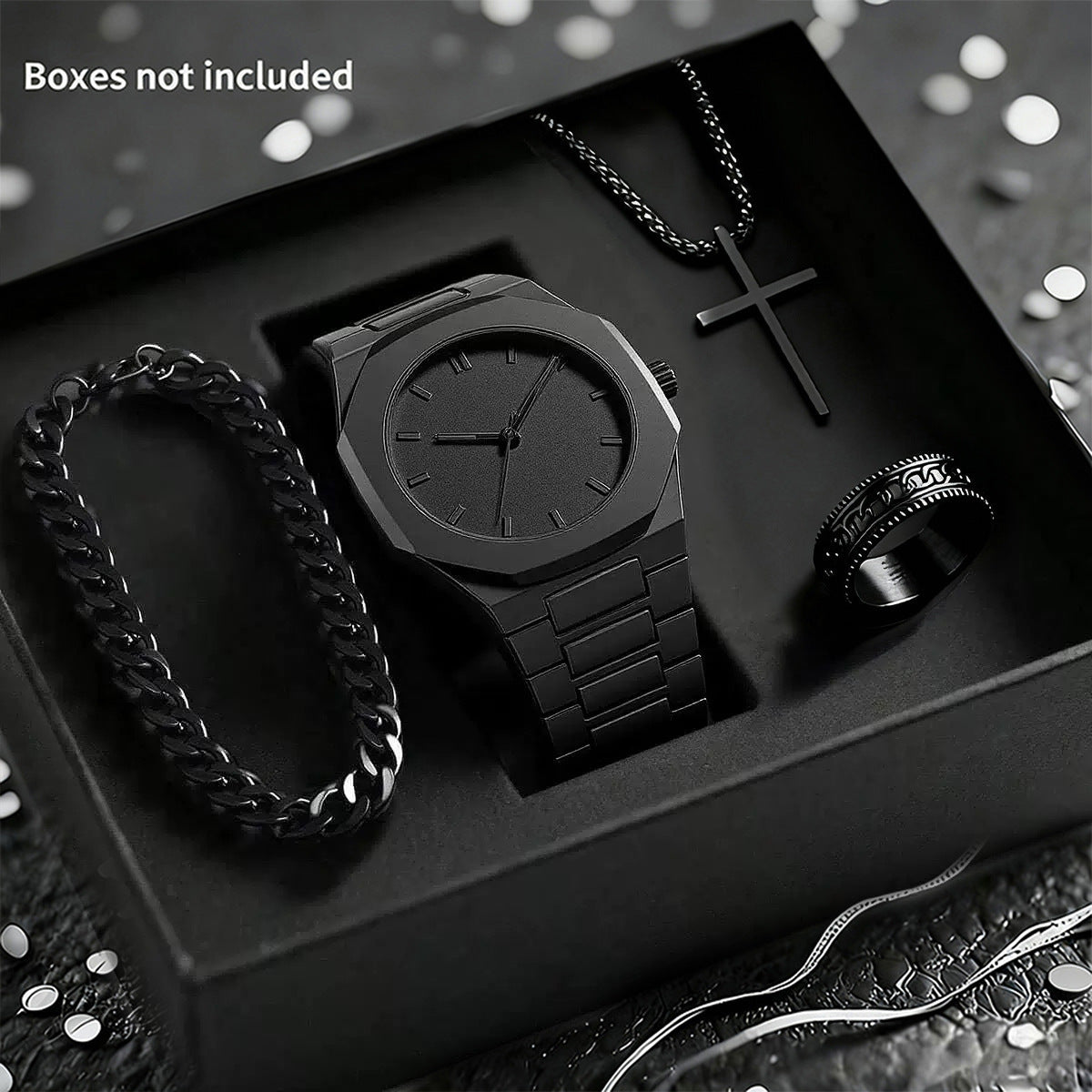 Mens Quartz Watch Necklace Bracelet Set
