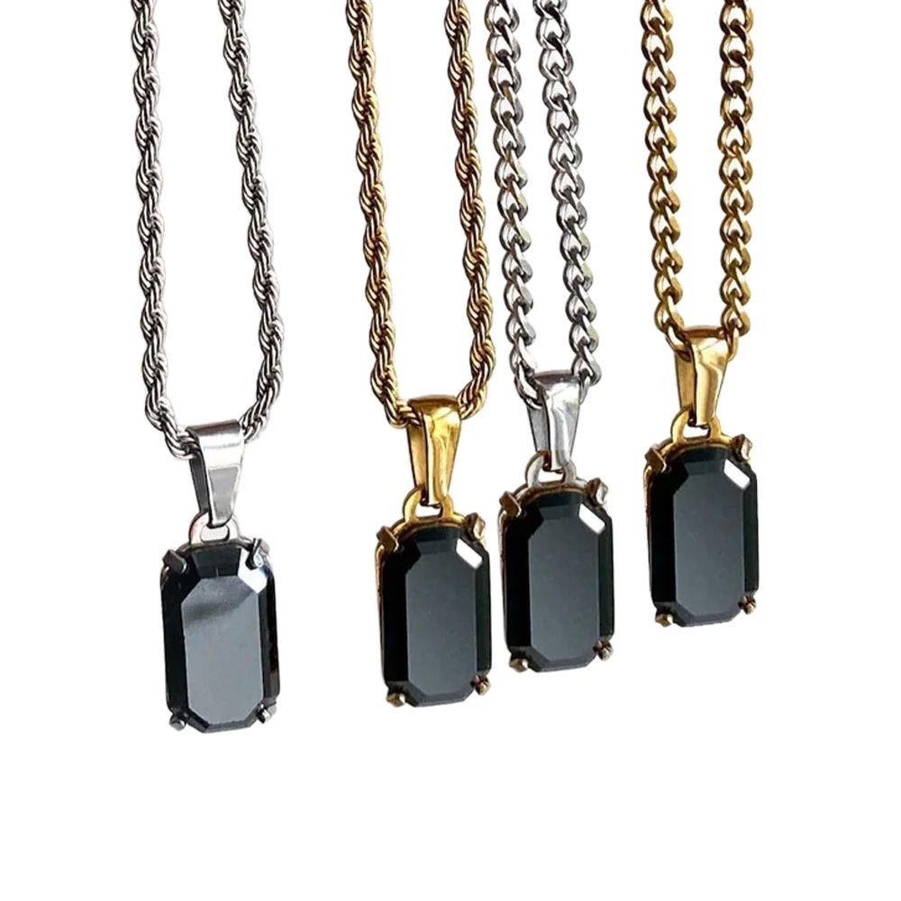 Geometric Rectangular Pendant Layered Cuban Chain Necklace