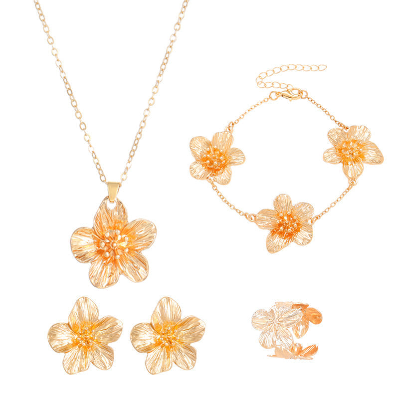 European And American Cross-Border Jewelry Pleated Texture Design Flower Earrings Necklace Bracelet Anklet Ring Bracelet Set For Women