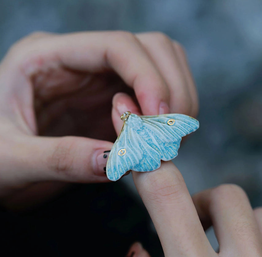 Yellow And Blue Moth Designed Versatile Everyday Artistic Ceramic Ring