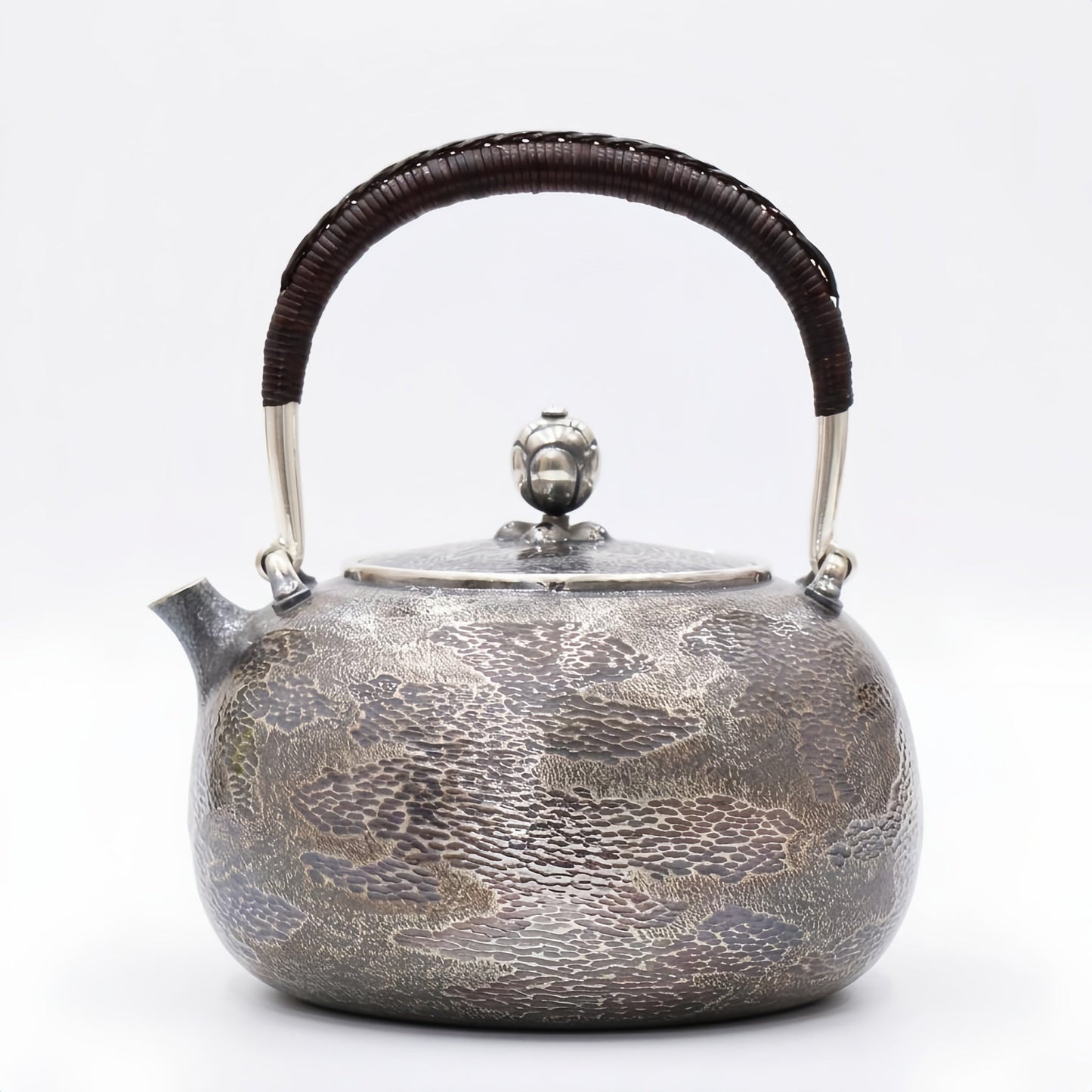 Pure 999 Fine Silver Artisanal Hammered Silver Teapot with Woven Rattan Handle and Decorative Finial - Handicraft