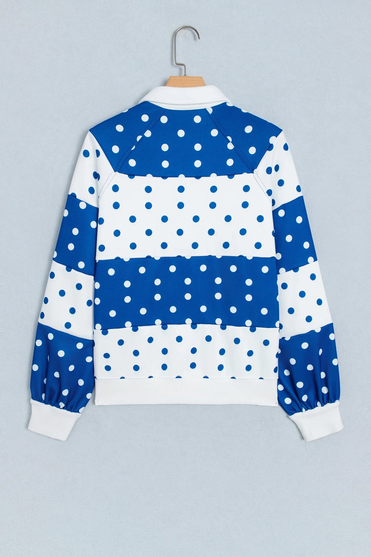 Polka Dot Colorblock Half Button Puff Sleeve Sweatshirt