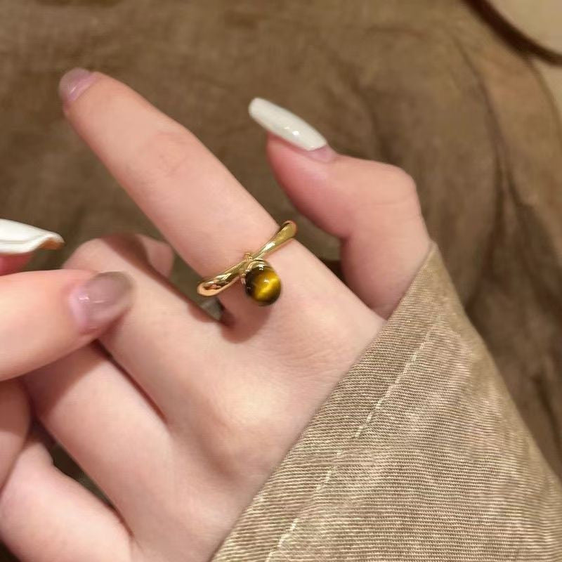 Vintage Tiger Eye Open Ring, Dainty Gold Plated Statement Band, Boho Stackable Finger Ring For Women