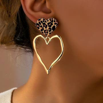 Leopard-print Exaggerated Heart-shaped Pendant Earrings