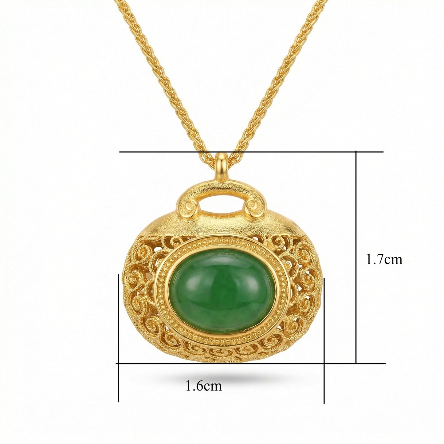 925 Sterling Silver Elegant Filigree Green Jadeite Pendant Necklace with Intricate Textured Metallic Detail
