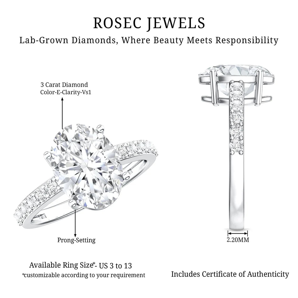 3 Carat Lab Grown Oval Diamond Engagement Ring for Women IGI Certified